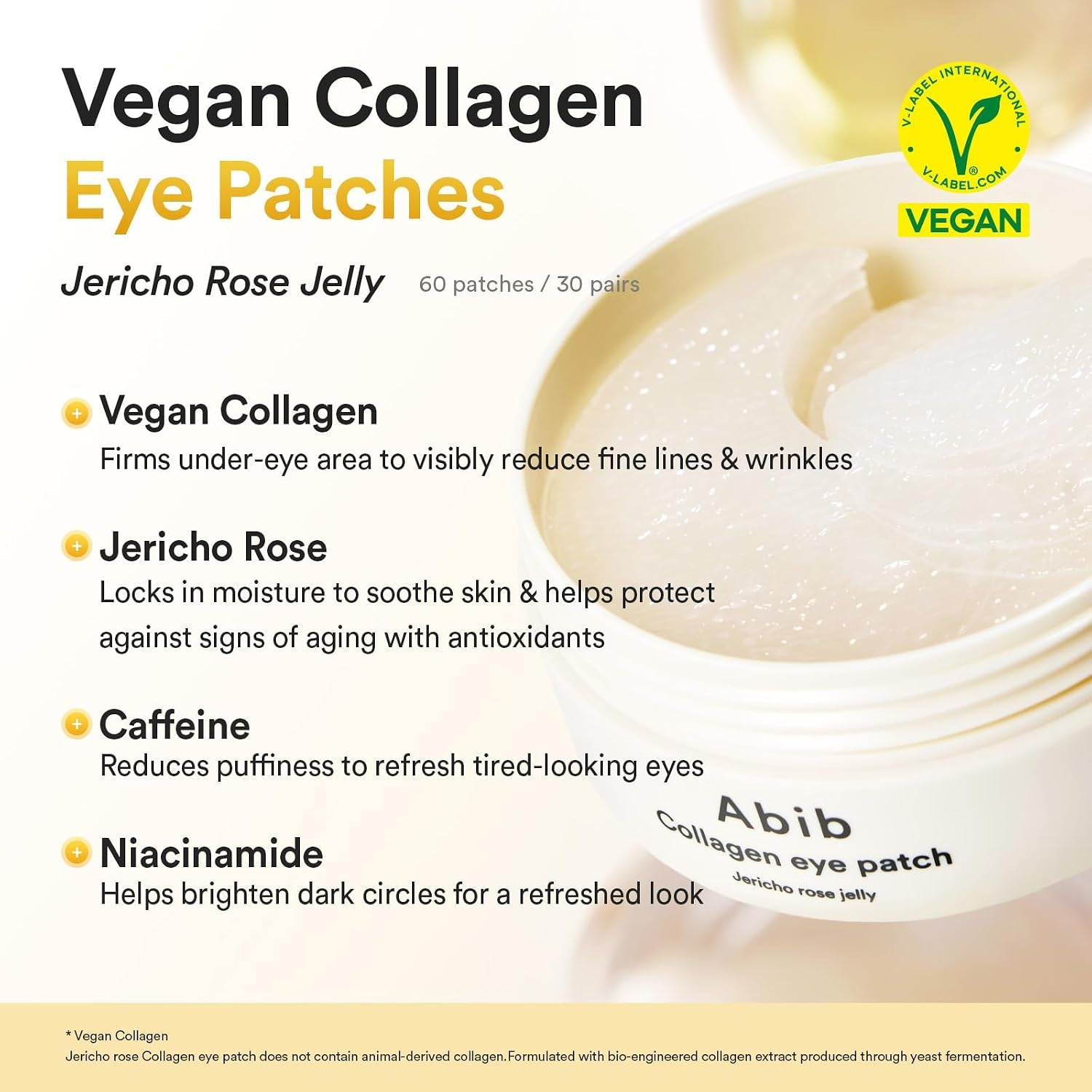 Vegan Collagen Eye Patches for Wrinkles & Fine Line with Jericho Rose Jelly & Peptides, 60 Count, Korean Skin Care