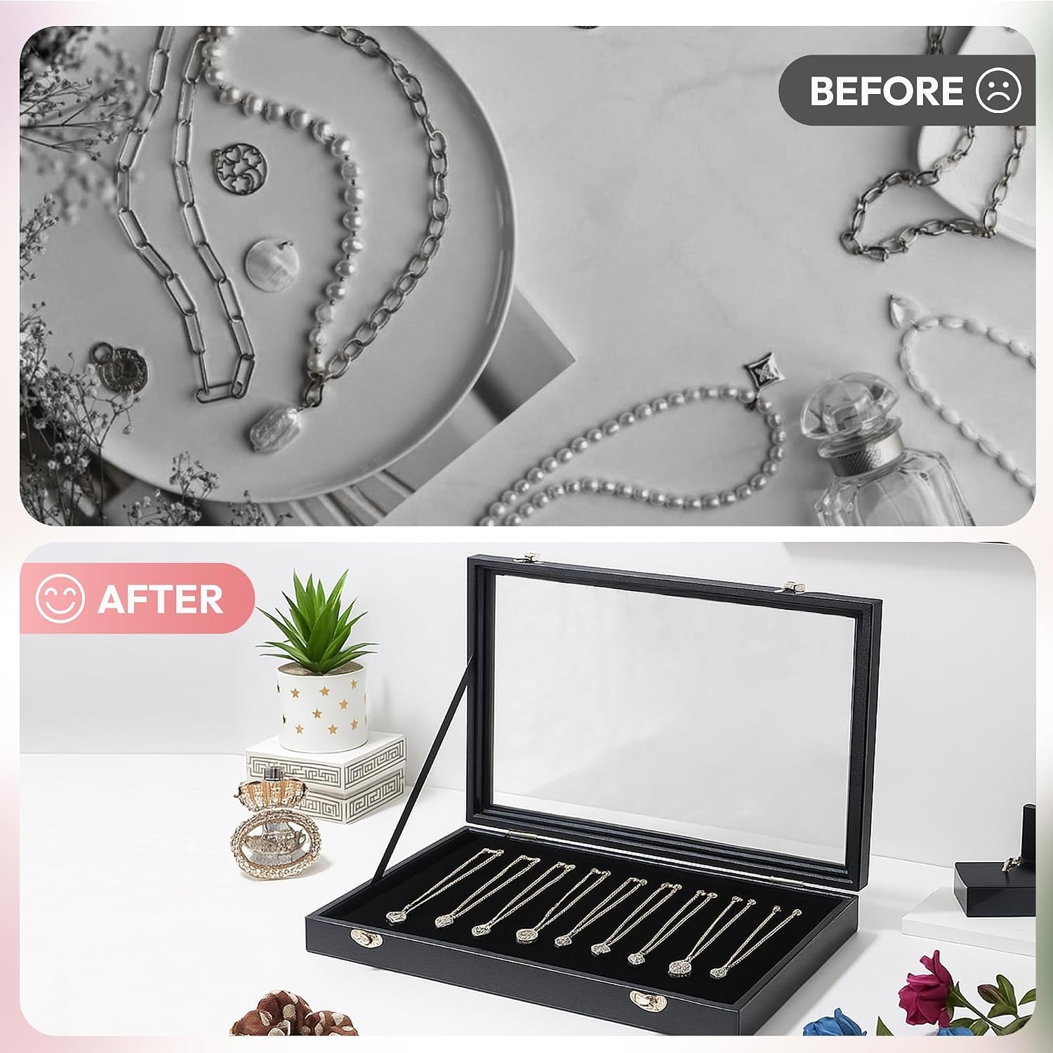 Necklace Organizer Box with Glass Lid – Velvet Jewelry Display Case with 20 Hooks, Necklace Holder Organizer Storage Box for Necklaces, Chains, Pendants, Jewelry Tray for Drawer or Countertop