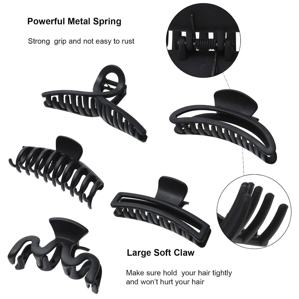 5PCS Large Claw Hair Clips for Women and Girls, Non-Slip | Sturdy Resin with Metal Spring. Grips Thick, Fine & Curly Locks All Day. Soft Matte Feel, 5 Assorted Designs