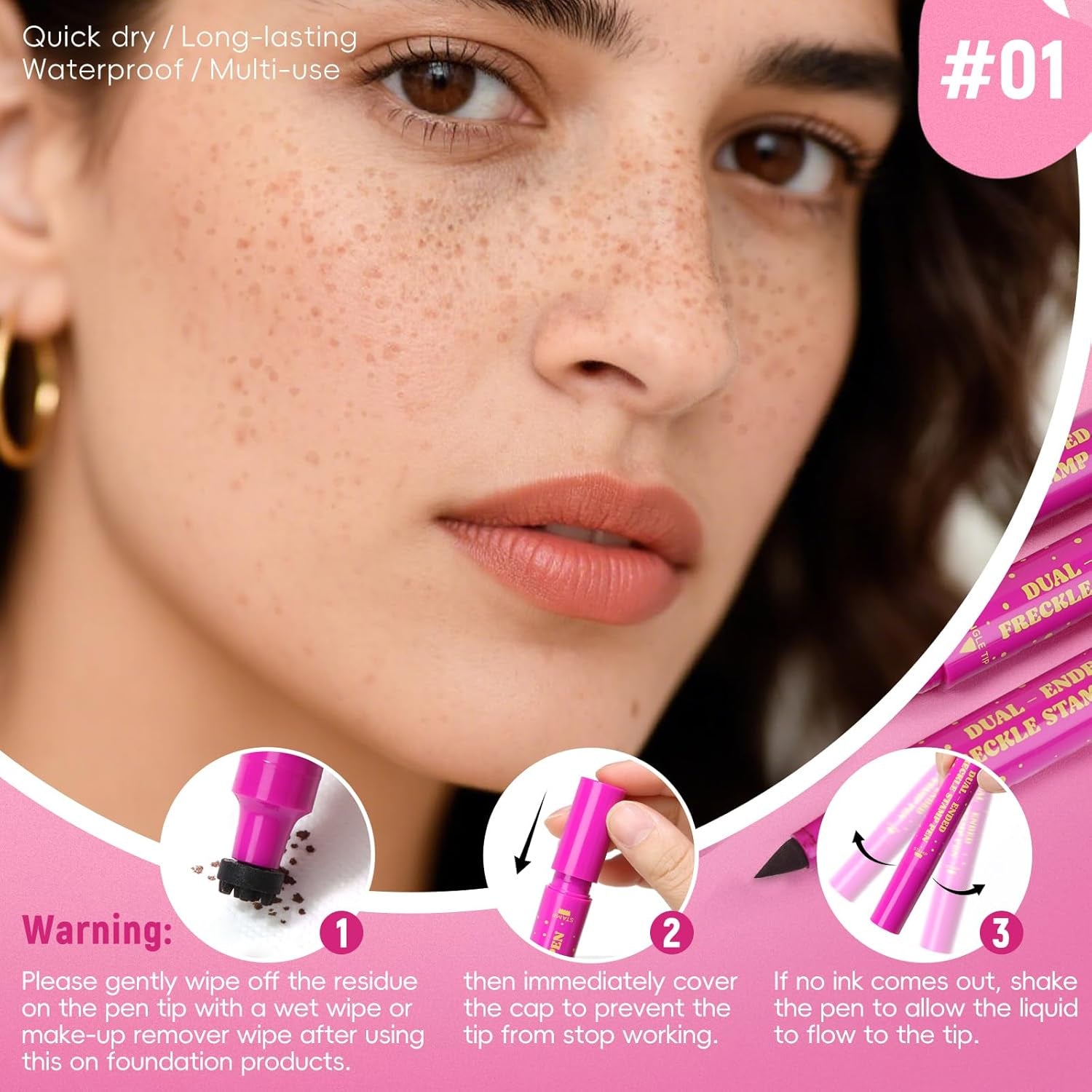 2 in 1 Freckle Stamp Pen Waterproof for Natural Lifelike Faux Freckle Stamp Long Lasting Quick Dry Magic Fake Freckles Stain Marker Pen for Sunkissed Makeup 01#Light Brown