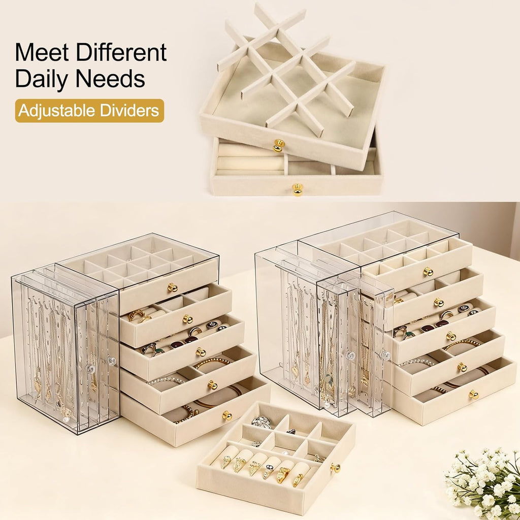 Jewelry Organizer and Storage with 7 Removable Drawers, Clear Acrylic Jewelry Box with 16 Necklace Hooks 48 Pairs of Earring Holes 5 Velvet-Lined Drawers for Rings Bracelets Necklaces