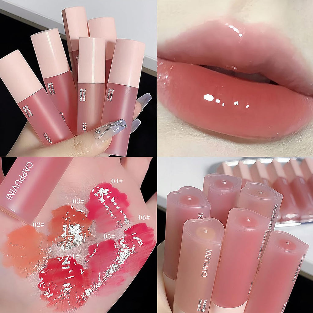Juicy Lasting Tint Lip Gloss Set, Vivid Color, Glossy Finish, Long-Lasting Moisturizing Glaze Tint Highly-Pigmented, Clear & Natural Makeup Lip Tint for Daily (6Pcs)
