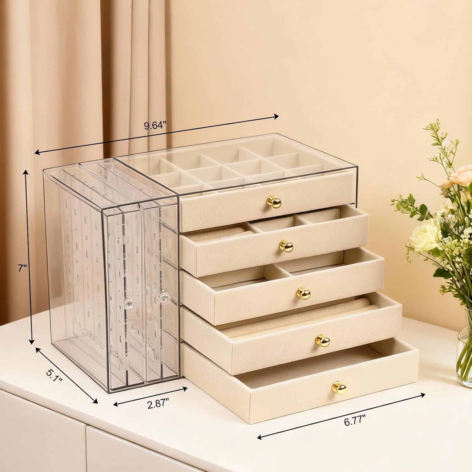 Jewelry Organizer and Storage with 7 Removable Drawers, Clear Acrylic Jewelry Box with 16 Necklace Hooks 48 Pairs of Earring Holes 5 Velvet-Lined Drawers for Rings Bracelets Necklaces