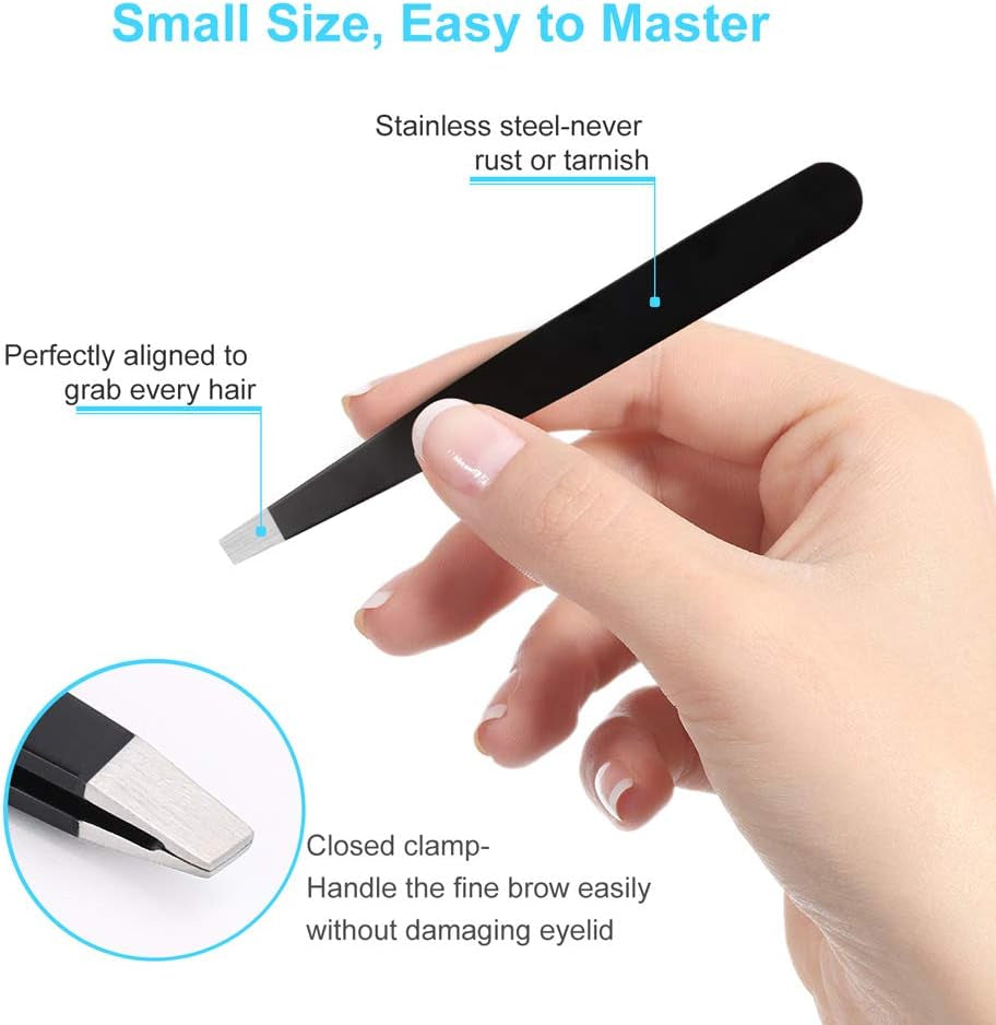 6 PCS Professional Tweezers Set - Stainless Steel Precision Tweezer Kit for Eyebrows, Facial Hair, Ingrown Hair & Splinter Removal with Travel Case (Black)