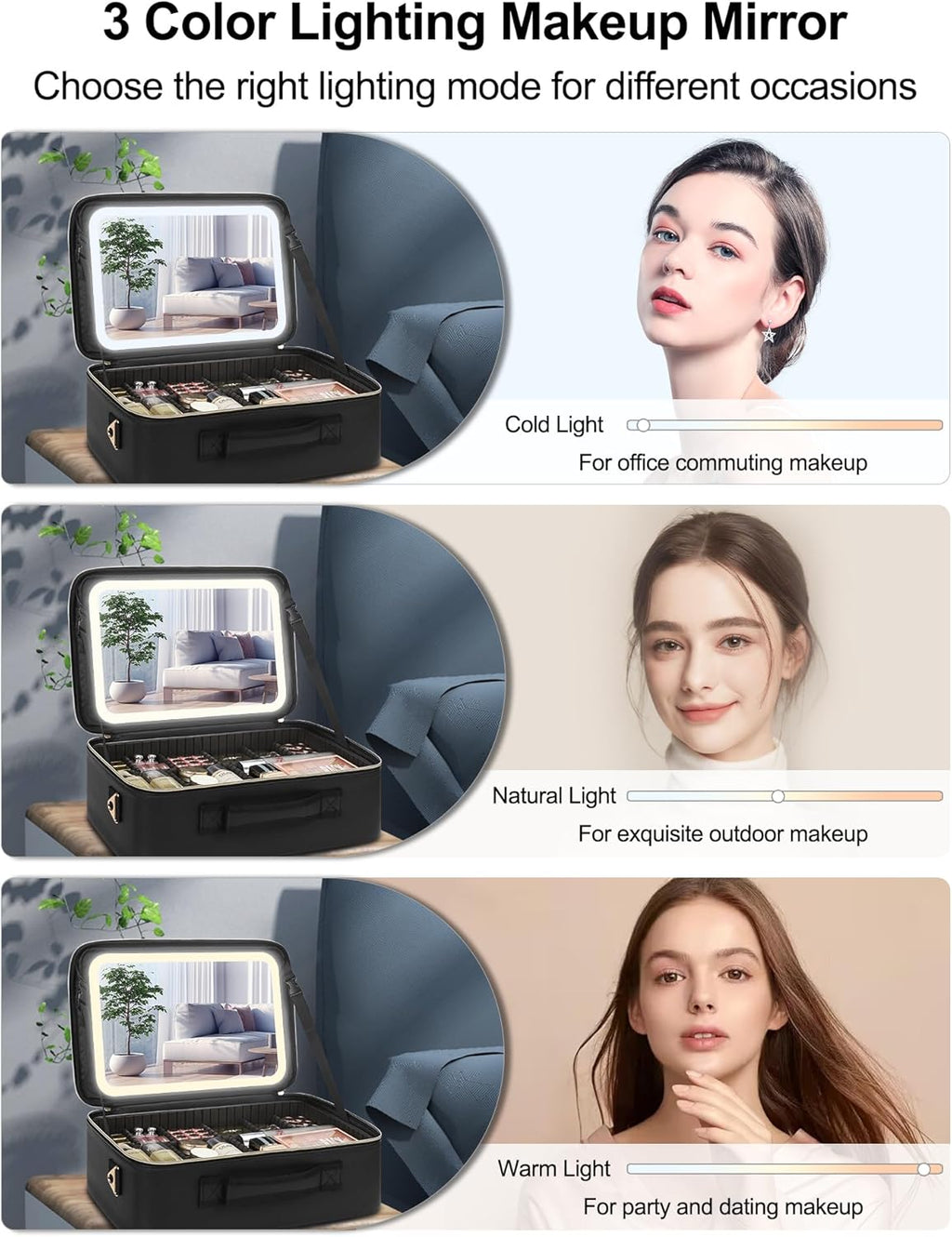 Travel Makeup Bag with LED Mirror, 16.2" Large Makeup Train Case | 3 Color Scenarios Adjustable Brightness, Waterproof Makeup Train Case Organizer with DIY Dividers for Makeup Artist, Black