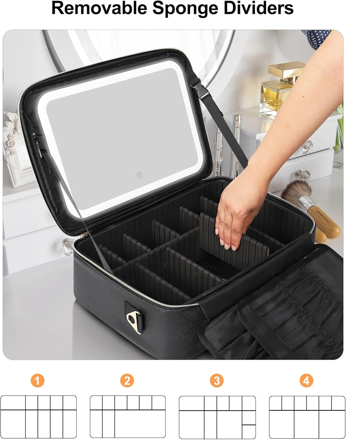 Travel Makeup Bag with LED Mirror, 16.2" Large Makeup Train Case | 3 Color Scenarios Adjustable Brightness, Waterproof Makeup Train Case Organizer with DIY Dividers for Makeup Artist, Black