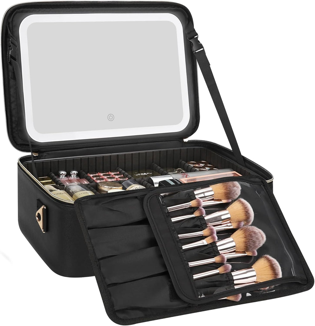 Travel Makeup Bag with LED Mirror, 16.2" Large Makeup Train Case | 3 Color Scenarios Adjustable Brightness, Waterproof Makeup Train Case Organizer with DIY Dividers for Makeup Artist, Black