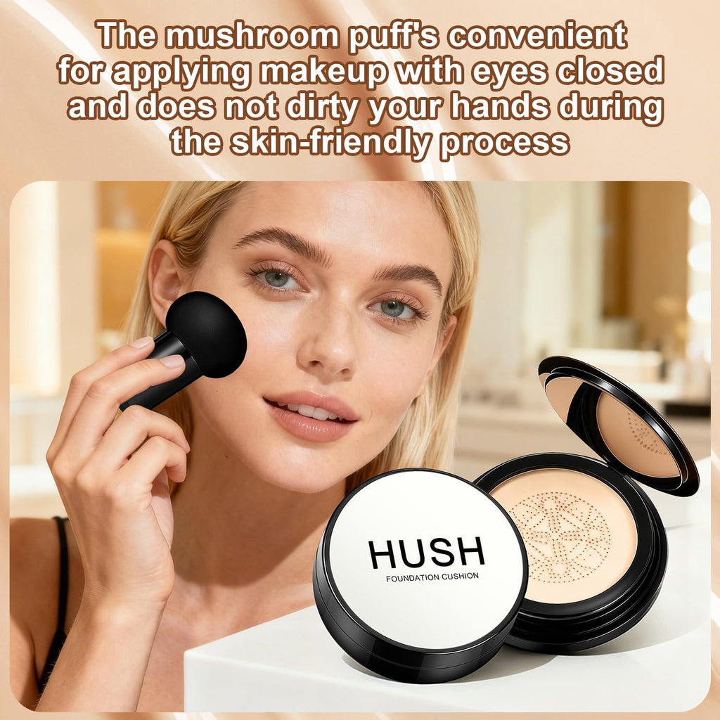 Hush Natural Glow Foundation for Mature Skin, 2026 Mushroom Head Air Cushion CC Cream, Full Coverage Long-Lasting BB Cream for Older Women, Natural Radiant Glow for Light/Medium Warm Tone Skin