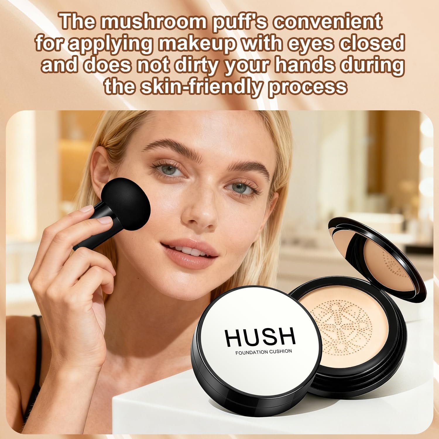 Hush Natural Glow Foundation for Mature Skin, 2026 Mushroom Head Air Cushion CC Cream, Full Coverage Long-Lasting BB Cream for Older Women, Natural Radiant Glow for Light/Medium Warm Tone Skin