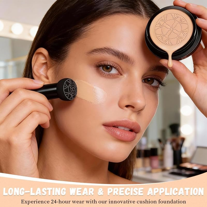 Hush Natural Glow Foundation for Mature Skin, 2026 Mushroom Head Air Cushion CC Cream, Full Coverage Long-Lasting BB Cream for Older Women, Natural Radiant Glow for Light/Medium Warm Tone Skin