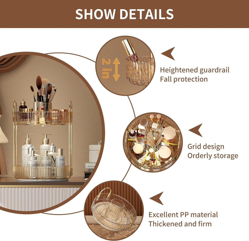 Rotating Makeup Organizer for Vanity, Large Capacity Make up Storage Skin Care Shelf Perfume Holders Cosmetic Dresser Organizer Countertop Spinning 360 (Amber Gold, 2Tiers)
