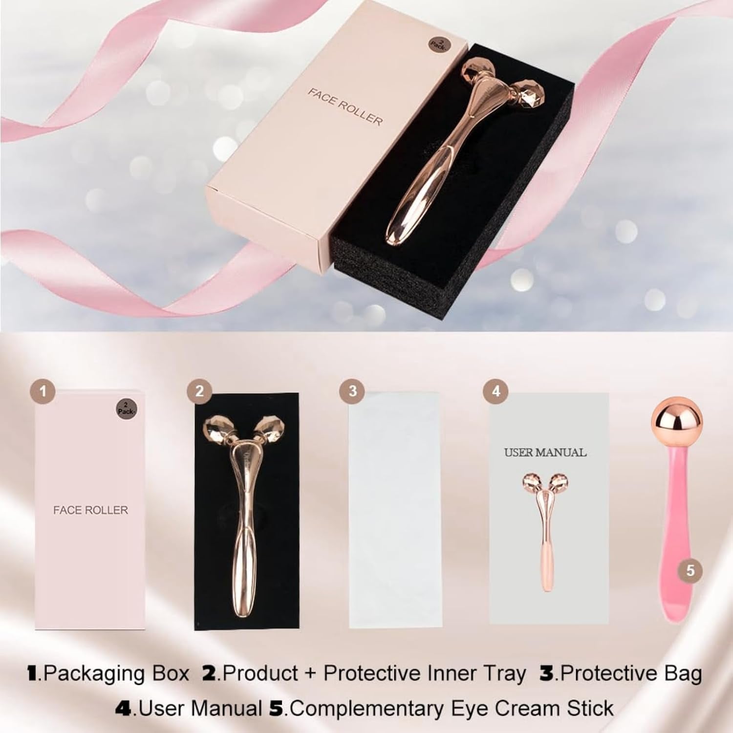 3D Face Roller & Eye Wand Massager Kit, Facial Massage Tool for Women Girls | Premium Stainless Steel Metal, Portable & Ergonomic Design, Safe for All Skin Types, 2-In-1 Skincare Set