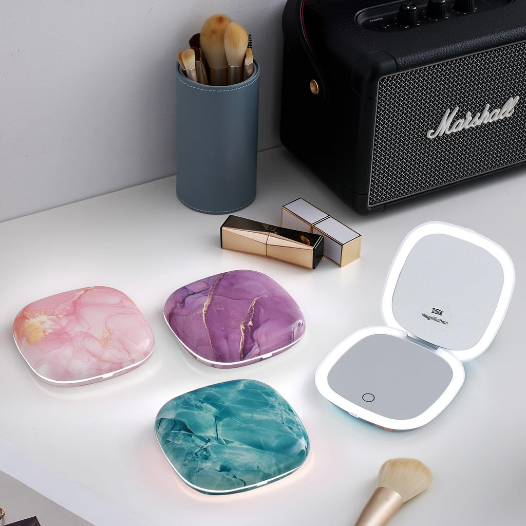 Compact Mirror with Light-4 Inches Compact 1X/10X Magnifying Mirror | Double Sides Lighted, 3 Colors Lighting, 0-100% Brightness, Diammable Touch, 1200Mah Rechargeable, for Pocket, Purse