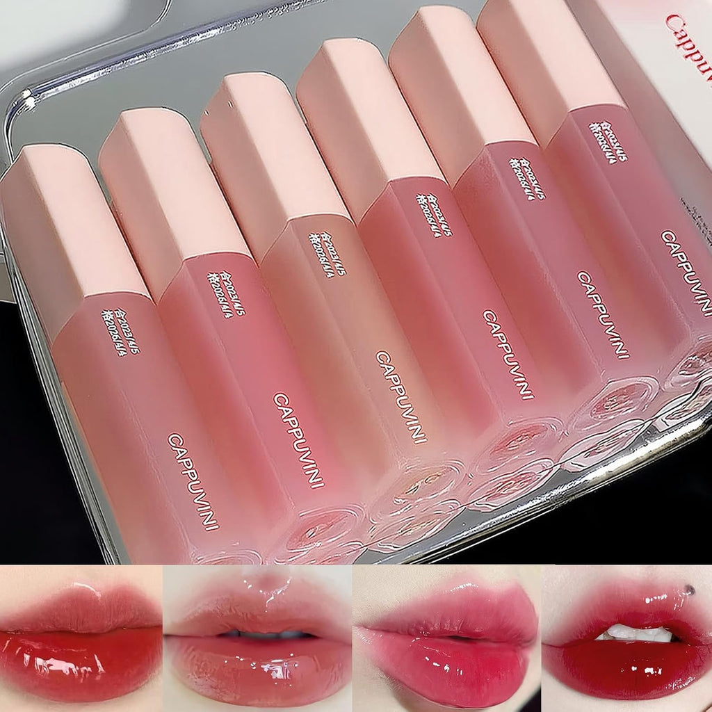 Juicy Lasting Tint Lip Gloss Set, Vivid Color, Glossy Finish, Long-Lasting Moisturizing Glaze Tint Highly-Pigmented, Clear & Natural Makeup Lip Tint for Daily (6Pcs)