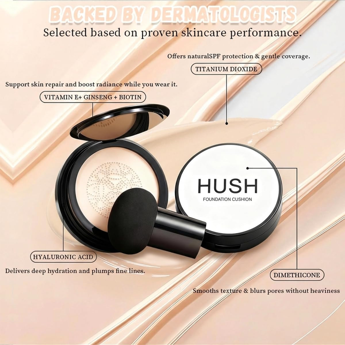 Hush Natural Glow Foundation for Mature Skin, 2026 Mushroom Head Air Cushion CC Cream, Full Coverage Long-Lasting BB Cream for Older Women, Natural Radiant Glow for Light/Medium Warm Tone Skin