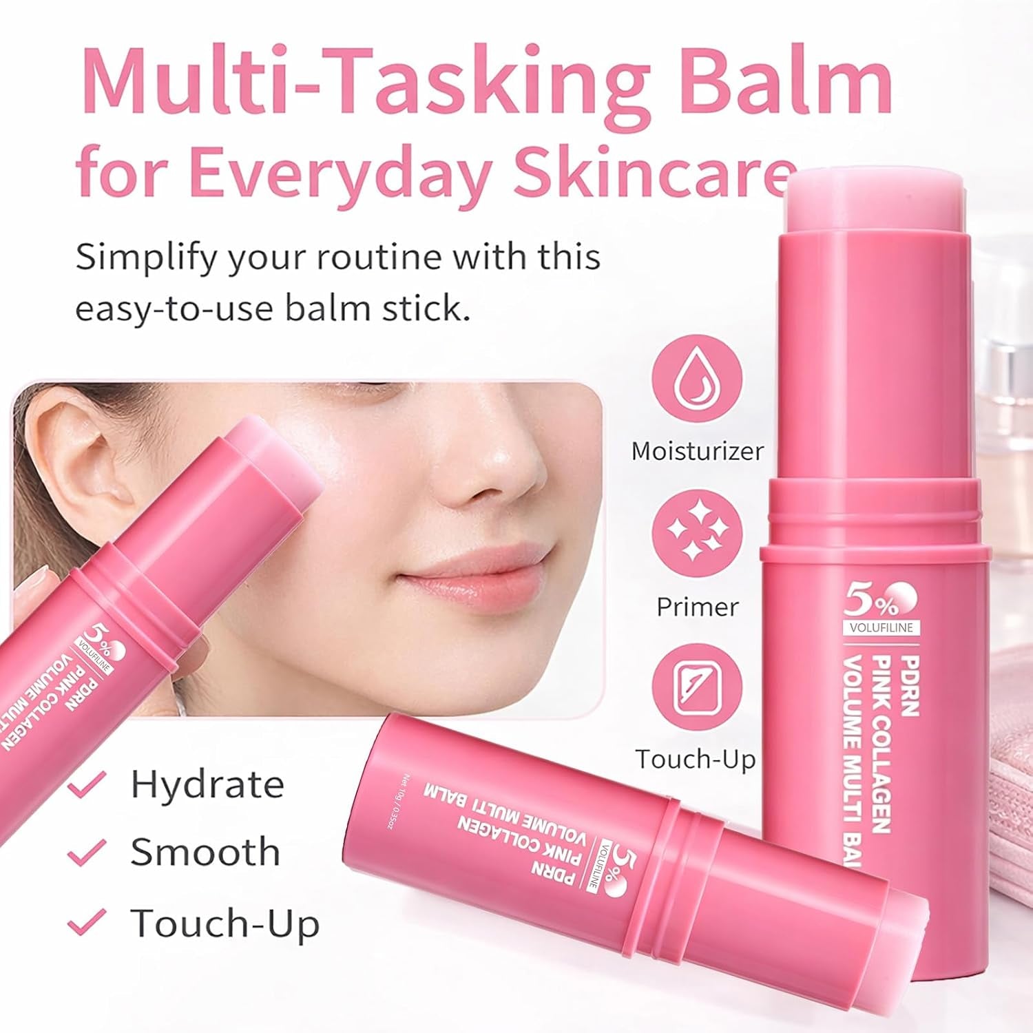 PDRN Pink Collagen Volume Multi Balm, 5% Volufiline NAD Infused for Radiant-Looking, Smooth-Looking Texture, PDRN Stick, Revitalizing Care for Smooth Face & Body for Under-Eyes, Neck, Forehead
