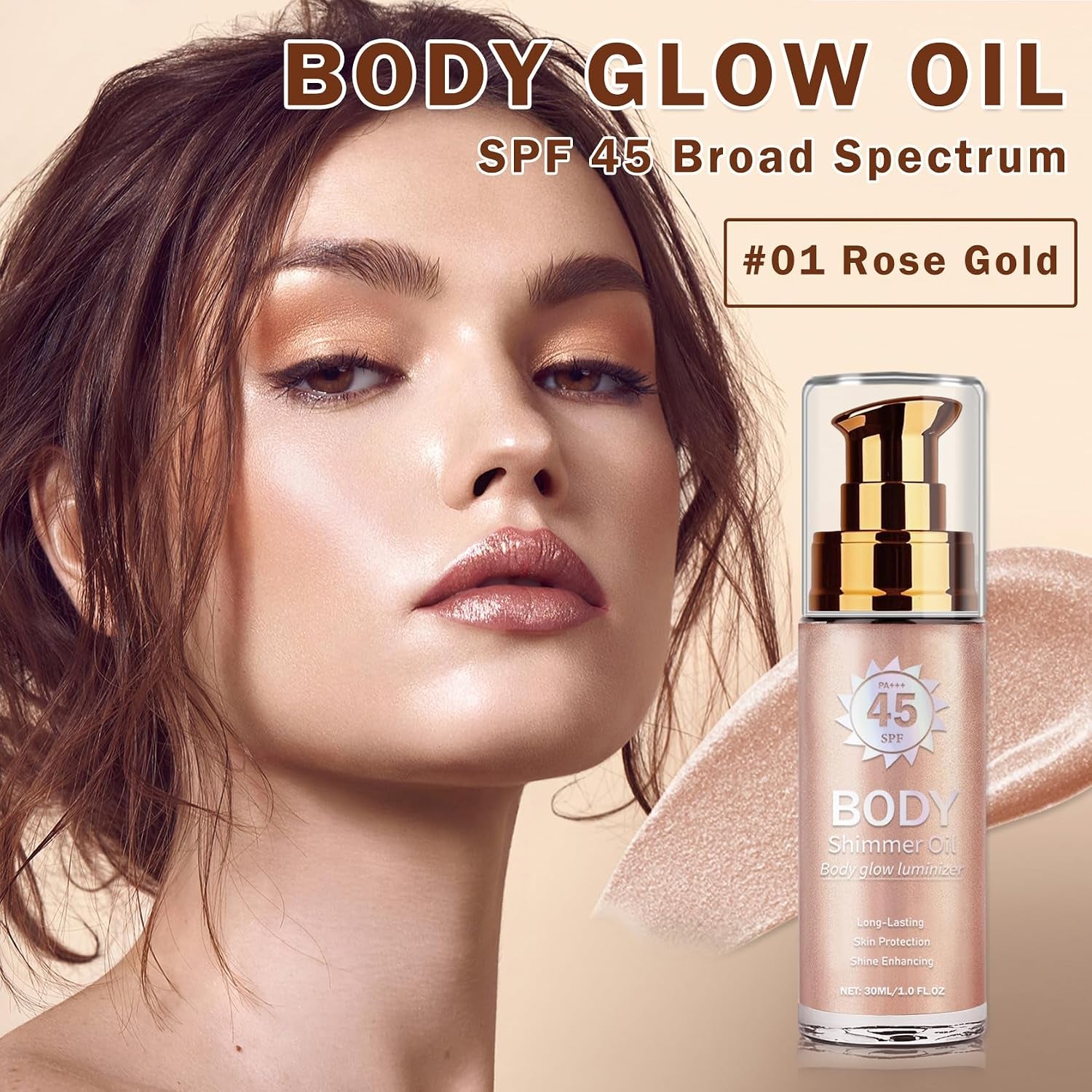 Body Glow Oil,Glow Shimmer Sunscreen,01 Rose Gold | SPF 45 Broad Spectrum,Moisturizing Shimmer Sunscreen for Women and Men,Lightweight Non-Sticky,Absorbs Quickly,Glowing Results