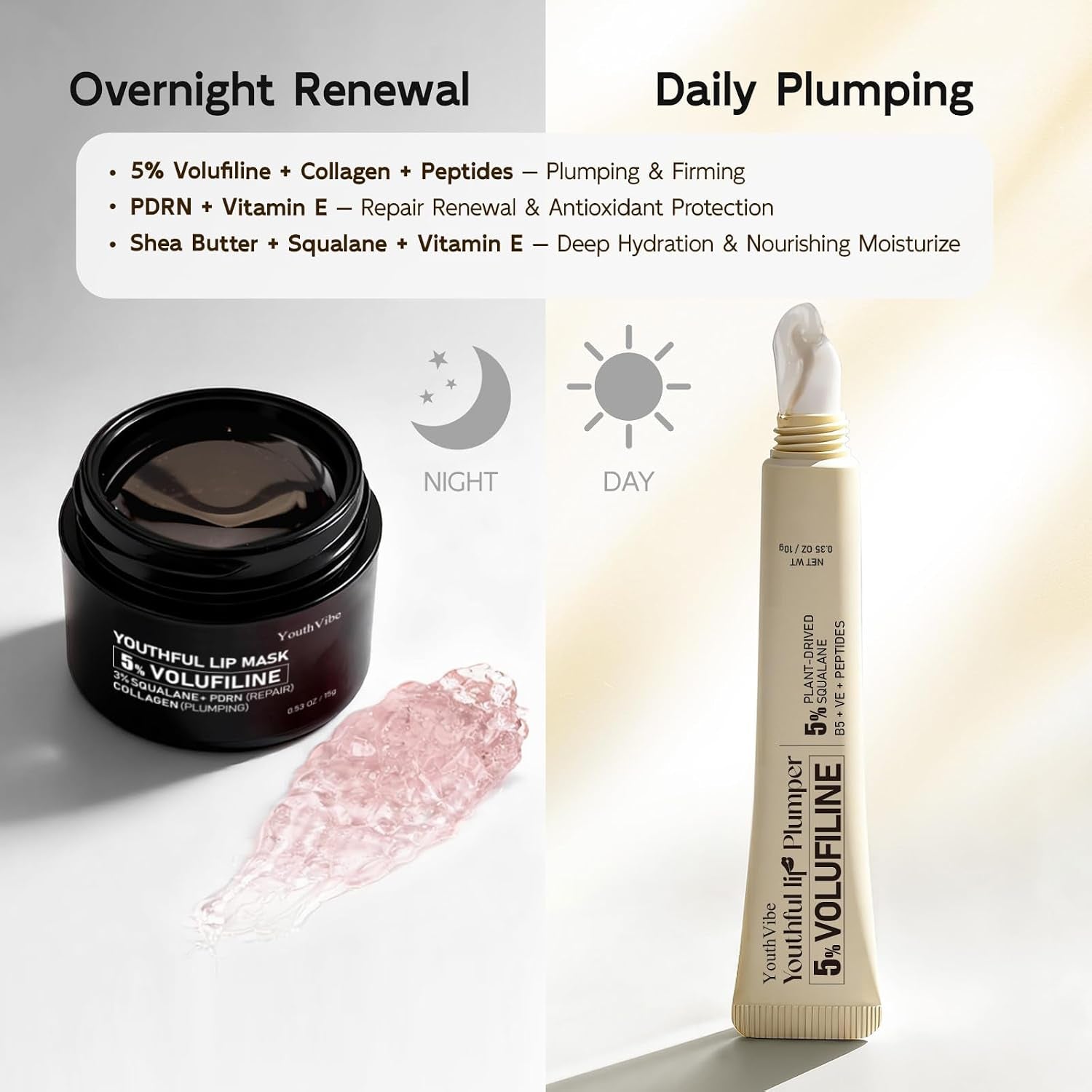 5% Volufiline Lip Serum & Gloss Hydrating Lip Care | Hydrating Lip Care with Shea Butter, Collagen, Peptide & PDRN, No Burning or Tingling, 0.35 Ounce, Clear