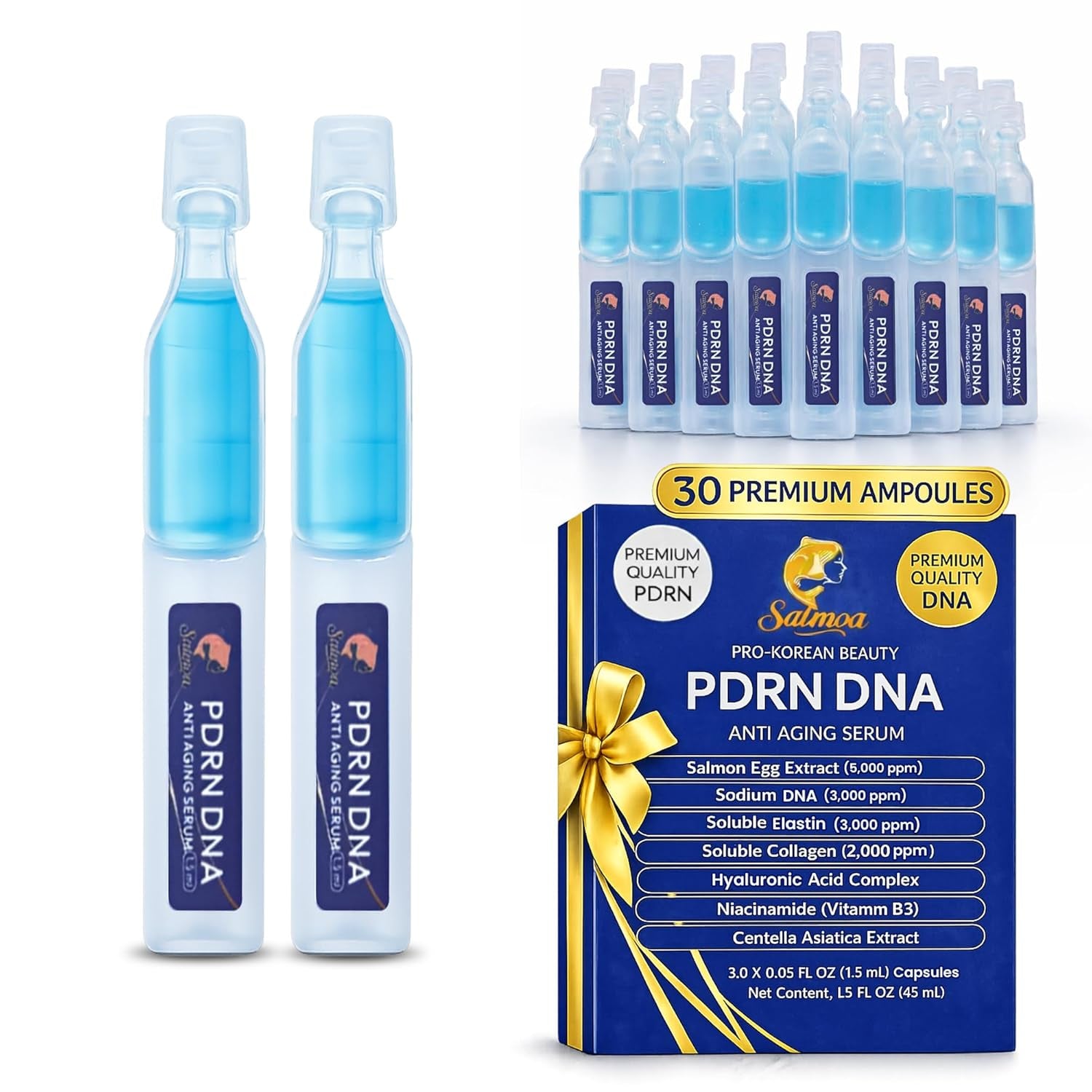 Salmon DNA Peptide, 99% PDRN Korean Skincare Anti-Aging Serum with Salmon Egg, Collagen, Elastin, Hyaluronic Acid & Niacinamide,Fine Line, Moisturizing 0.05 Fl.Oz X 30E