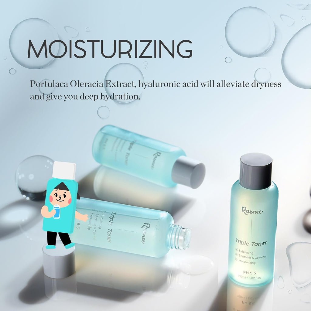 K-Beauty Triple Toner - Exfoliating, Soothing & Calming, Moisturizing, Ph 5.5 Balanced with AHA, BHA, PHA, LHA - Lightweight, Non-Sticky - Daily Toner for All Skin Types- Fragrance Freeㅣ5.07 Fl.Oz