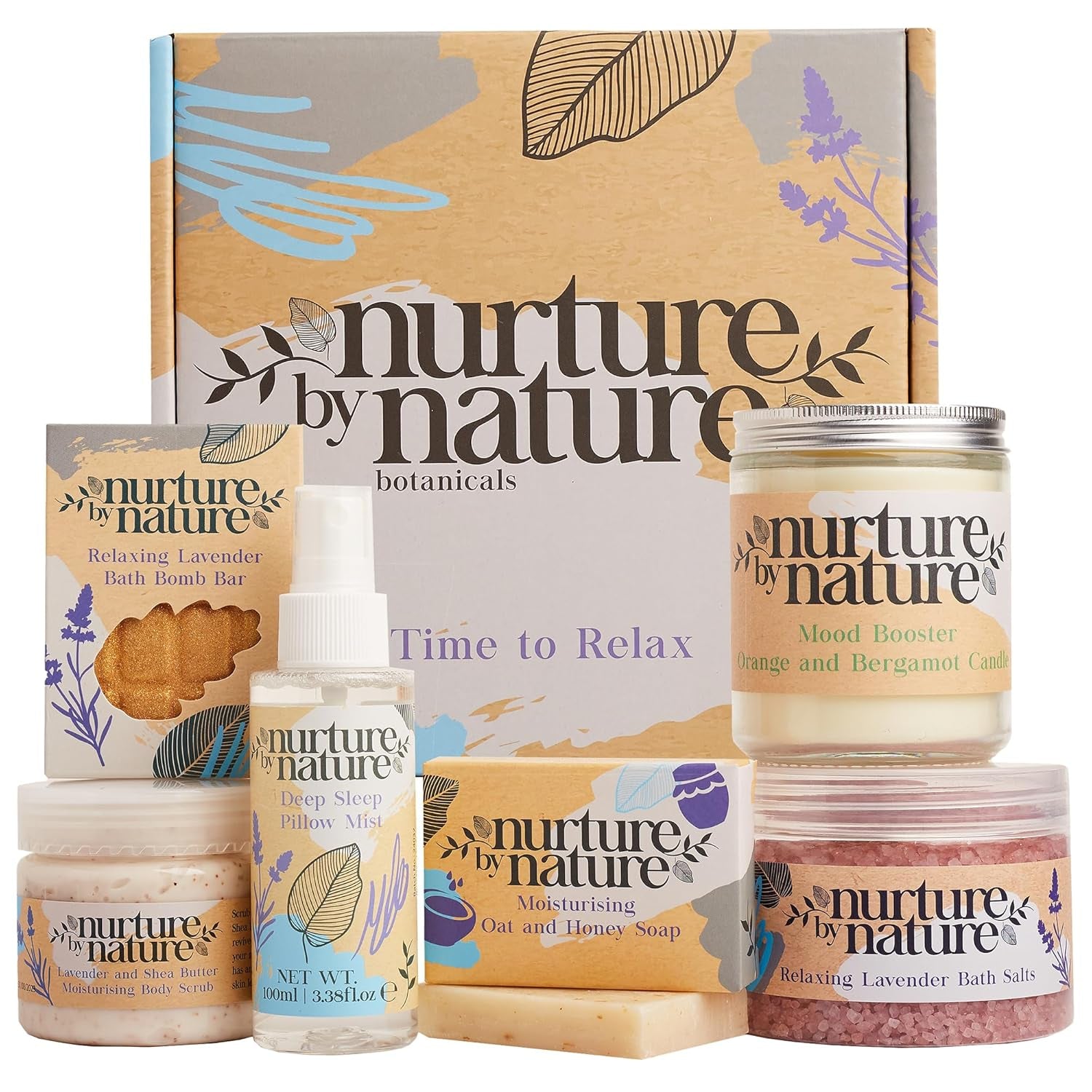 Nurture by Nature Self Care Gifts for Women - Spa Gift Baskets for Women & Relaxation Gifts | at Home Spa Kit | 6 Piece Bath Set with Pillow Spray, Candle, Bath Bomb & Bath Salts