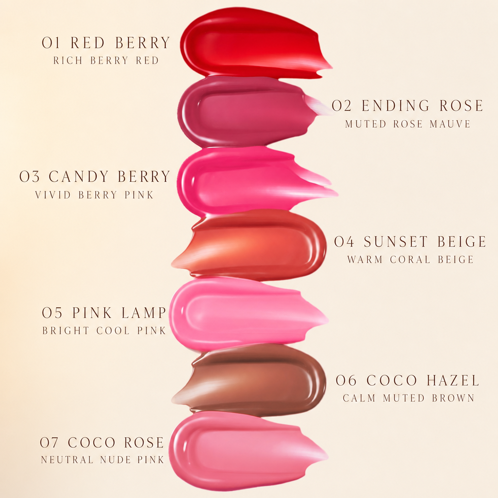 Pudding Glow Tint shade chart with seven shades from Red Berry to Coco Rose