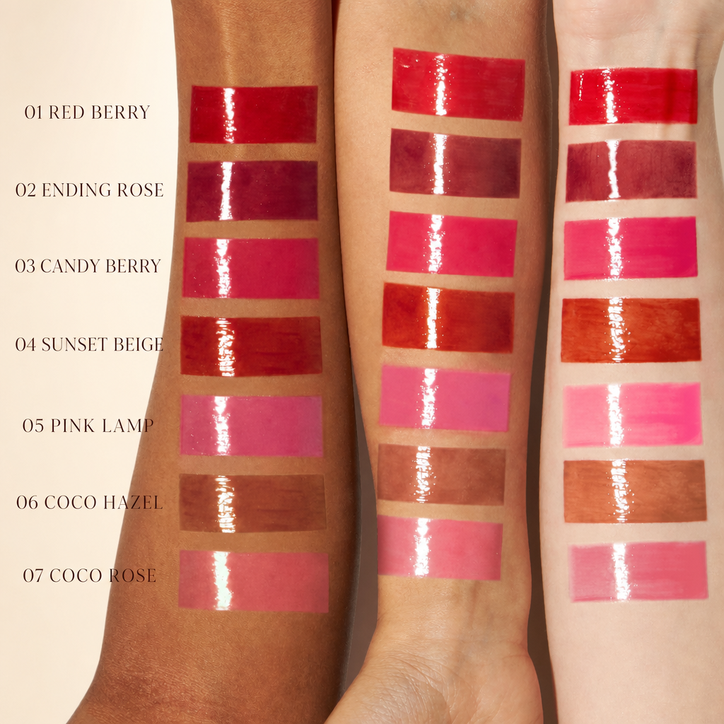 Pudding Glow Tint arm swatches of seven shades on three skin tones