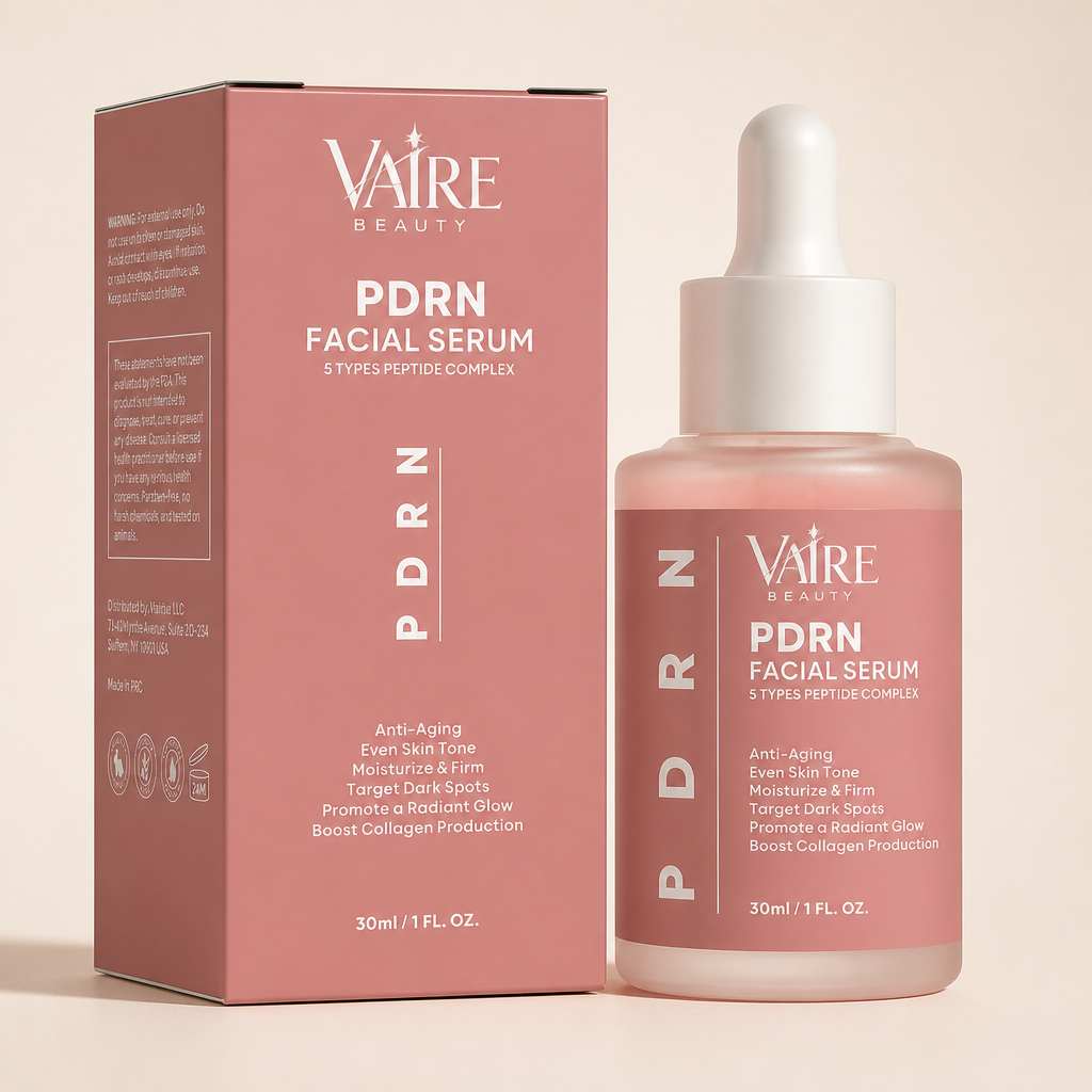 VAIRE BEAUTY PDRN Facial Serum bottle and box on warm ivory studio background