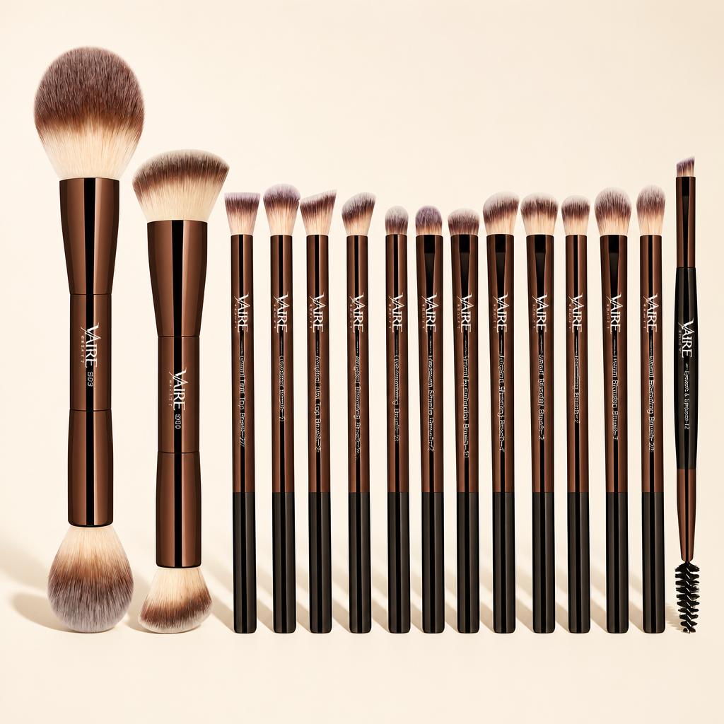 VAIRE BEAUTY 15 PCS Double-Ended Makeup Brush Set on warm ivory studio background
