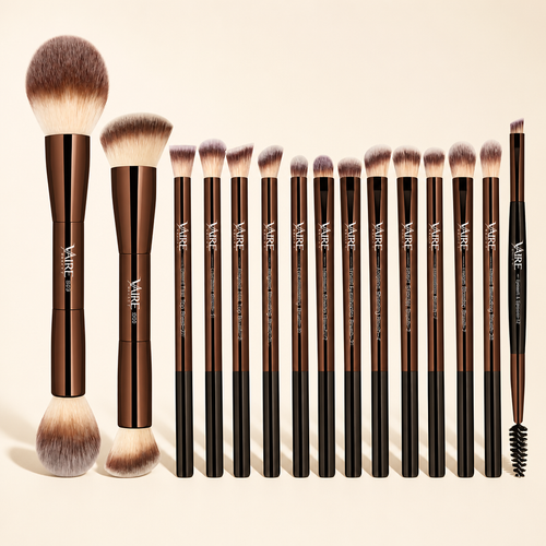 VAIRE BEAUTY 15 PCS Double-Ended Makeup Brush Set on warm ivory studio background