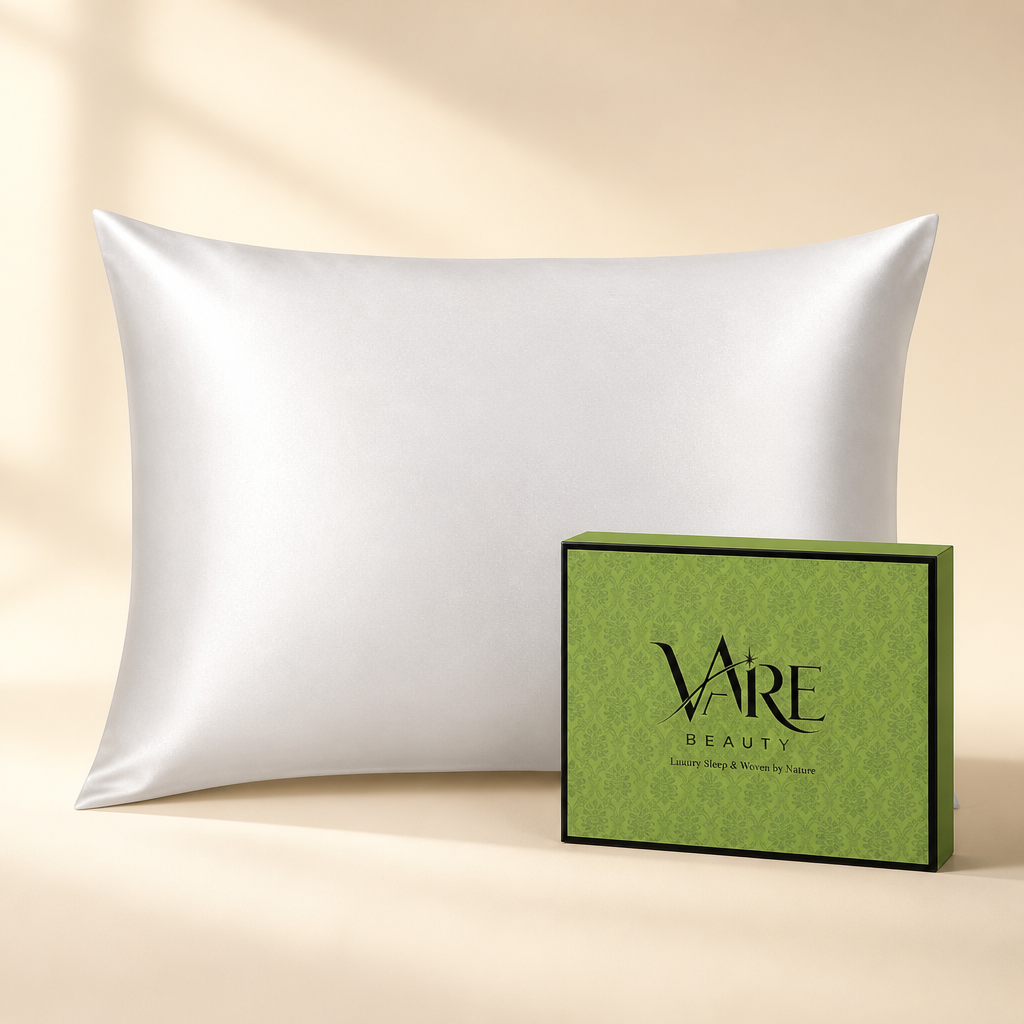 VAIRE BEAUTY ivory white mulberry silk pillowcase with green gift box on warm ivory studio background