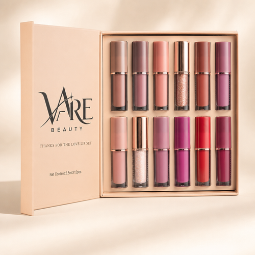 VAIRE BEAUTY 12 piece liquid lipstick gift set on warm ivory studio background
