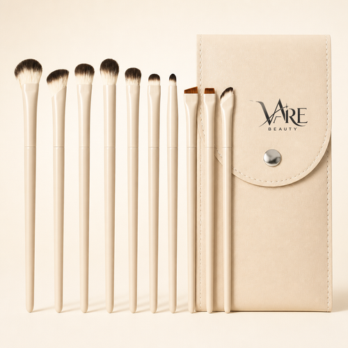 VAIRE BEAUTY 10Pcs Eye Makeup Brushes Set on warm ivory studio background