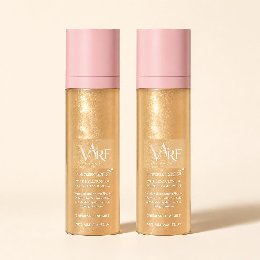 VAIRE BEAUTY Sheer Setting Mist Sunscreen SPF 50 on warm ivory studio background